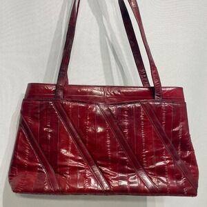 Leather of the Sea Vintage Burgundy Genuine Eelskin Shoulder Bag Paneled Red